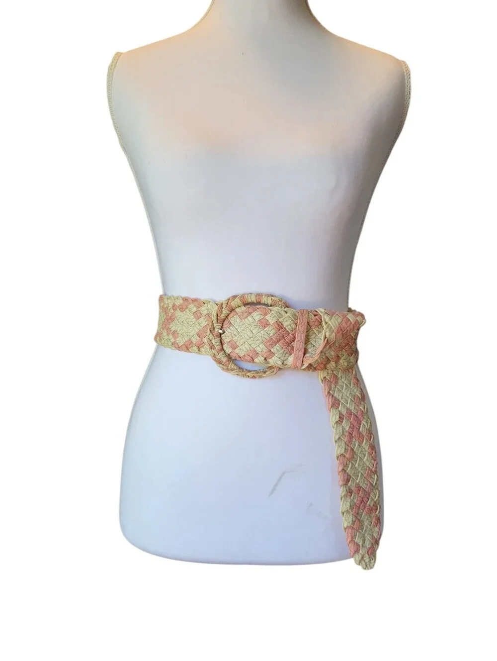 Woven Pink Mixed Media Belt with Round Buckle